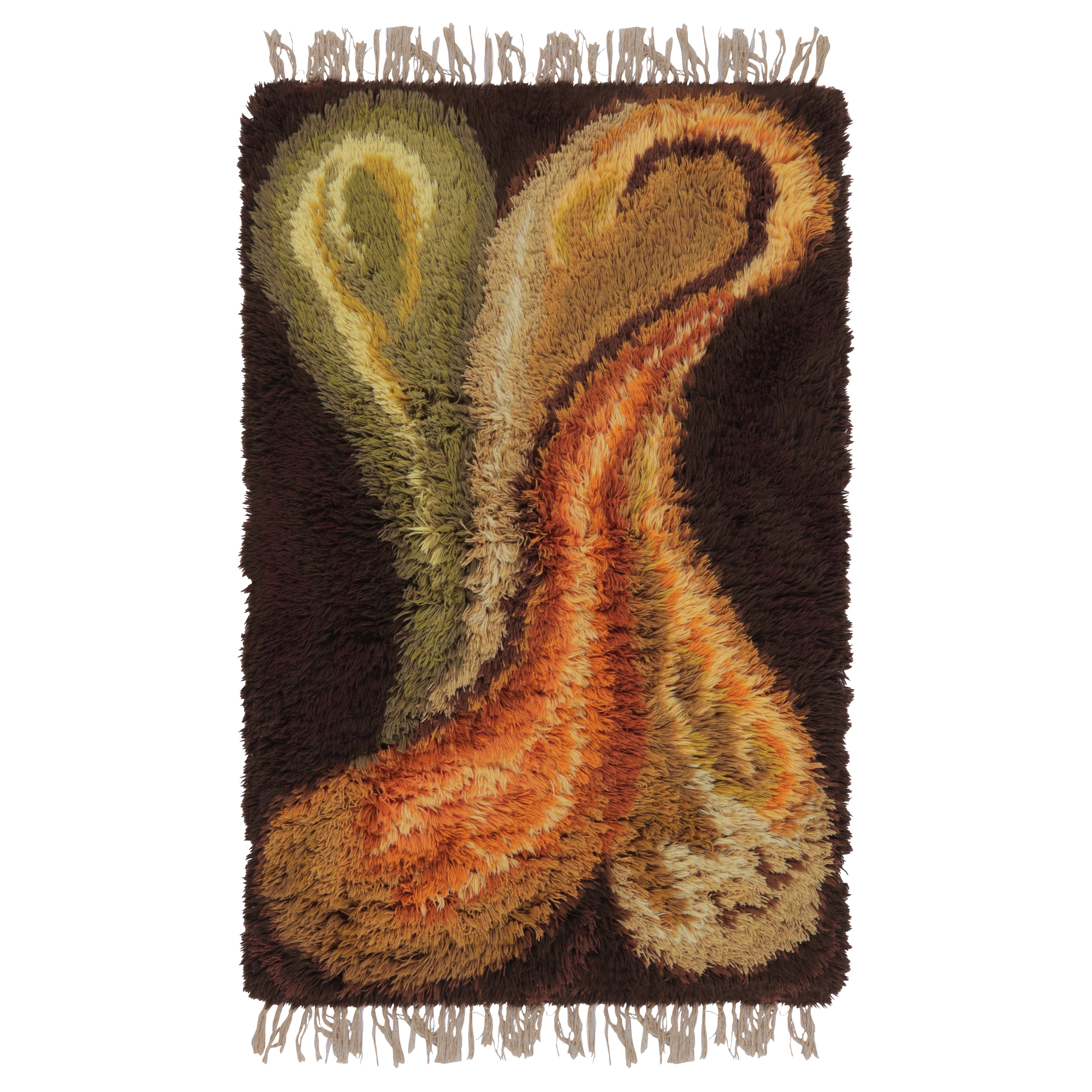 Tapis Rya suédois vintage, rétro scandinave abstrait couleur terre - Rug & Kilim