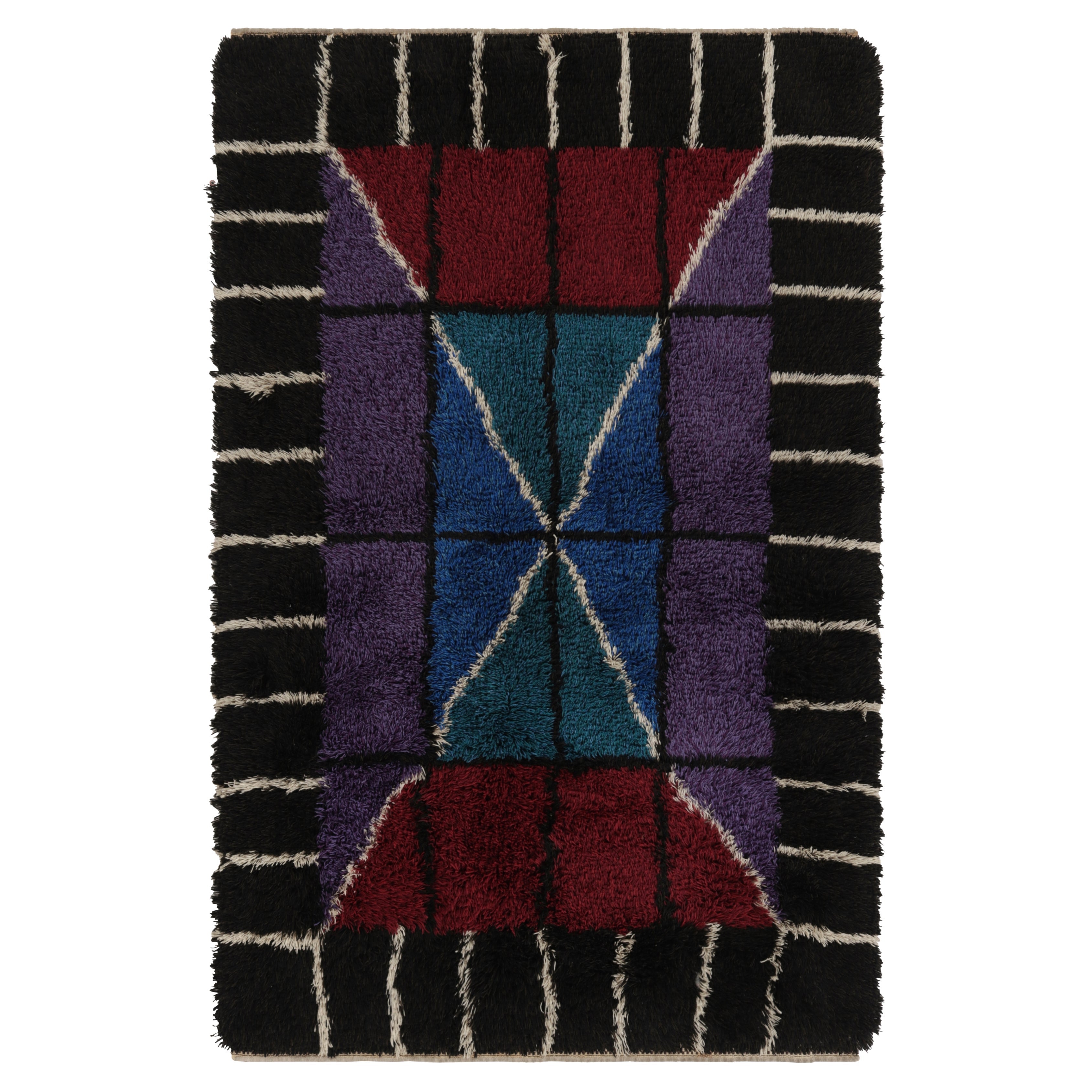 Tapis suédois vintage Rya, riche motif géométrique scandinave - Rug & Kilim
