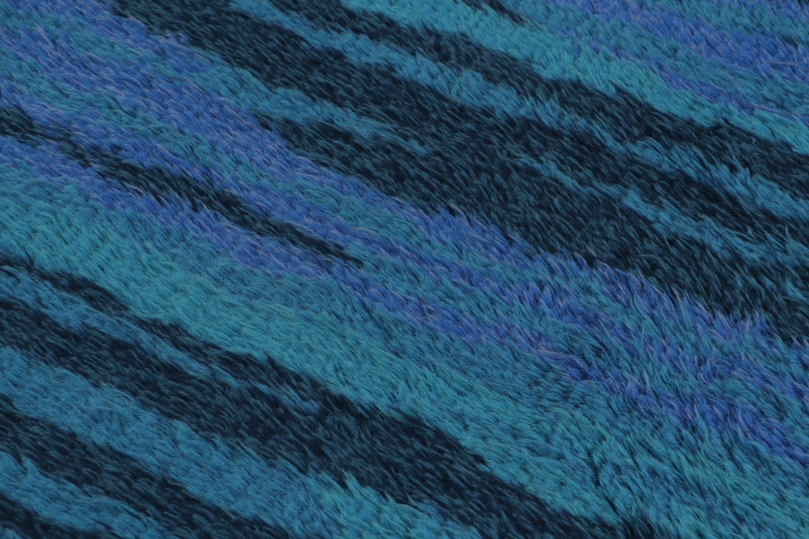 Hand-Knotted Vintage Swedish Rya Rug, Scandinavian Abstract in Navy Blue Tones - Rug & Kilim For Sale