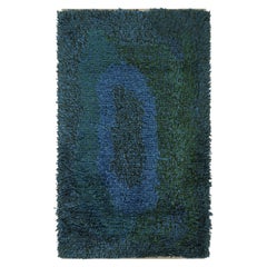 Vintage Swedish Rya Rug, Scandinavian Abstract in Teal Blue Tones - Rug & Kilim