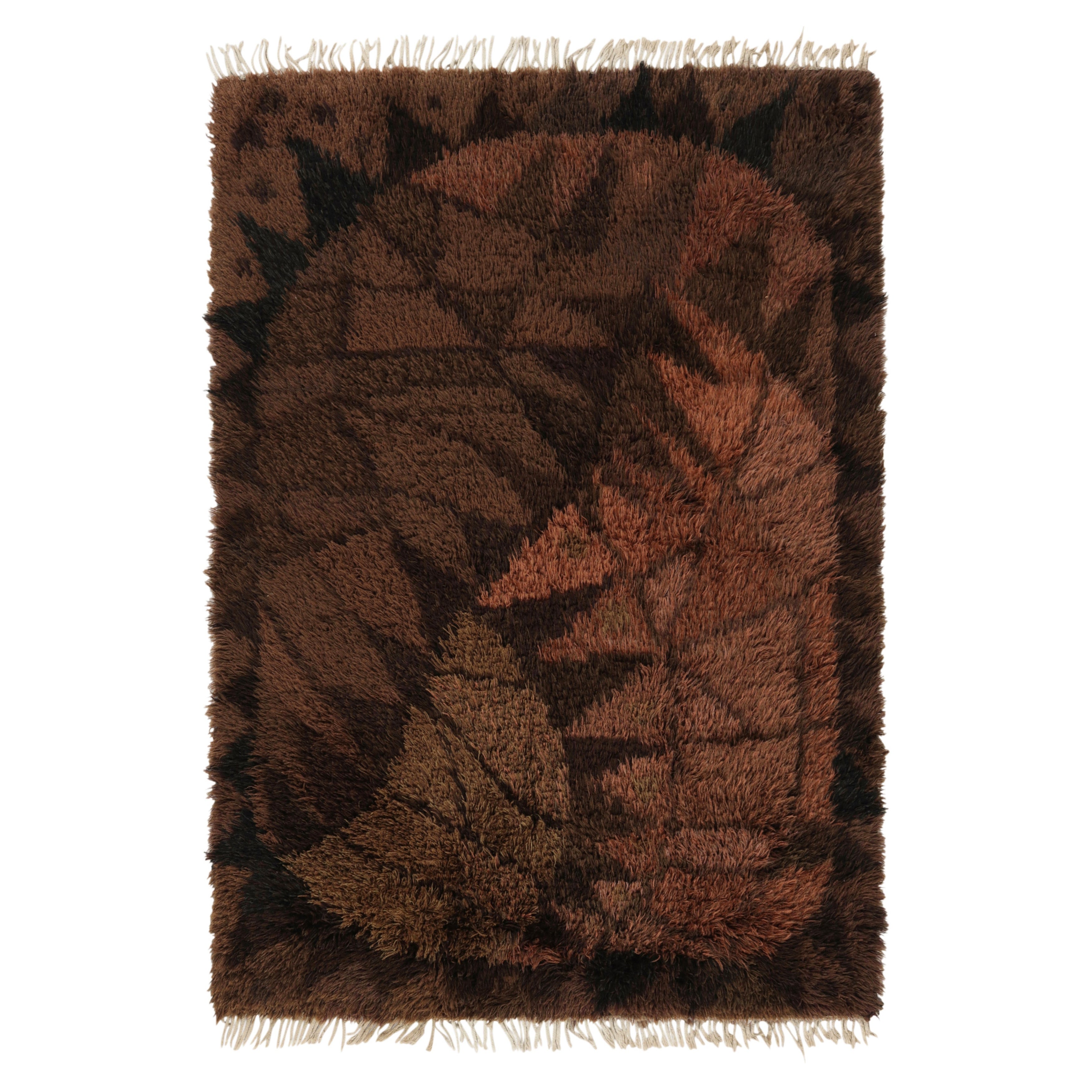 Tappeto vintage svedese Rya, motivo astratto scandinavo in marrone - Rug & Kilim in vendita