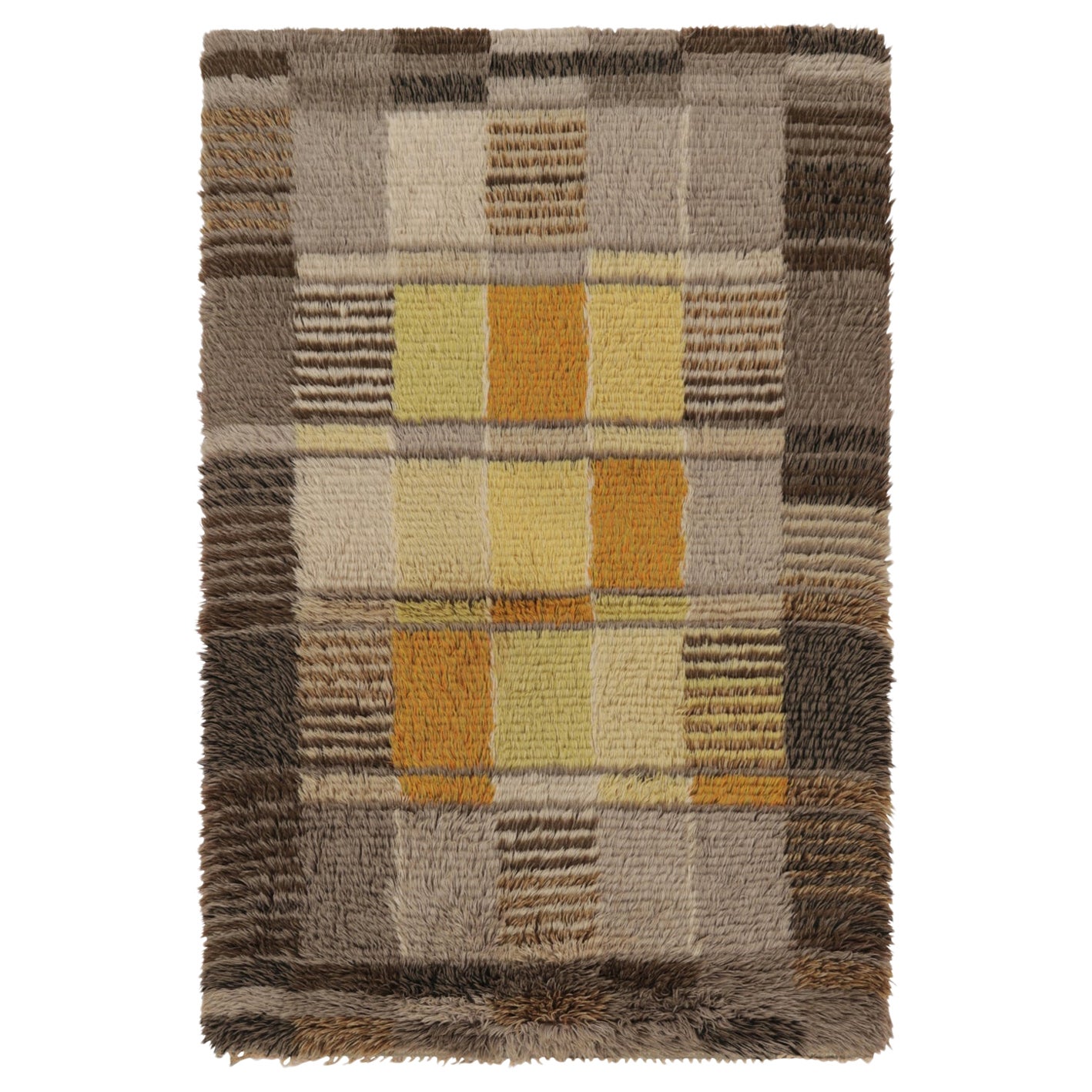 Vintage Swedish Rya Rug, Scandinavian Geometric Patterns in Brown - Rug & Kilim