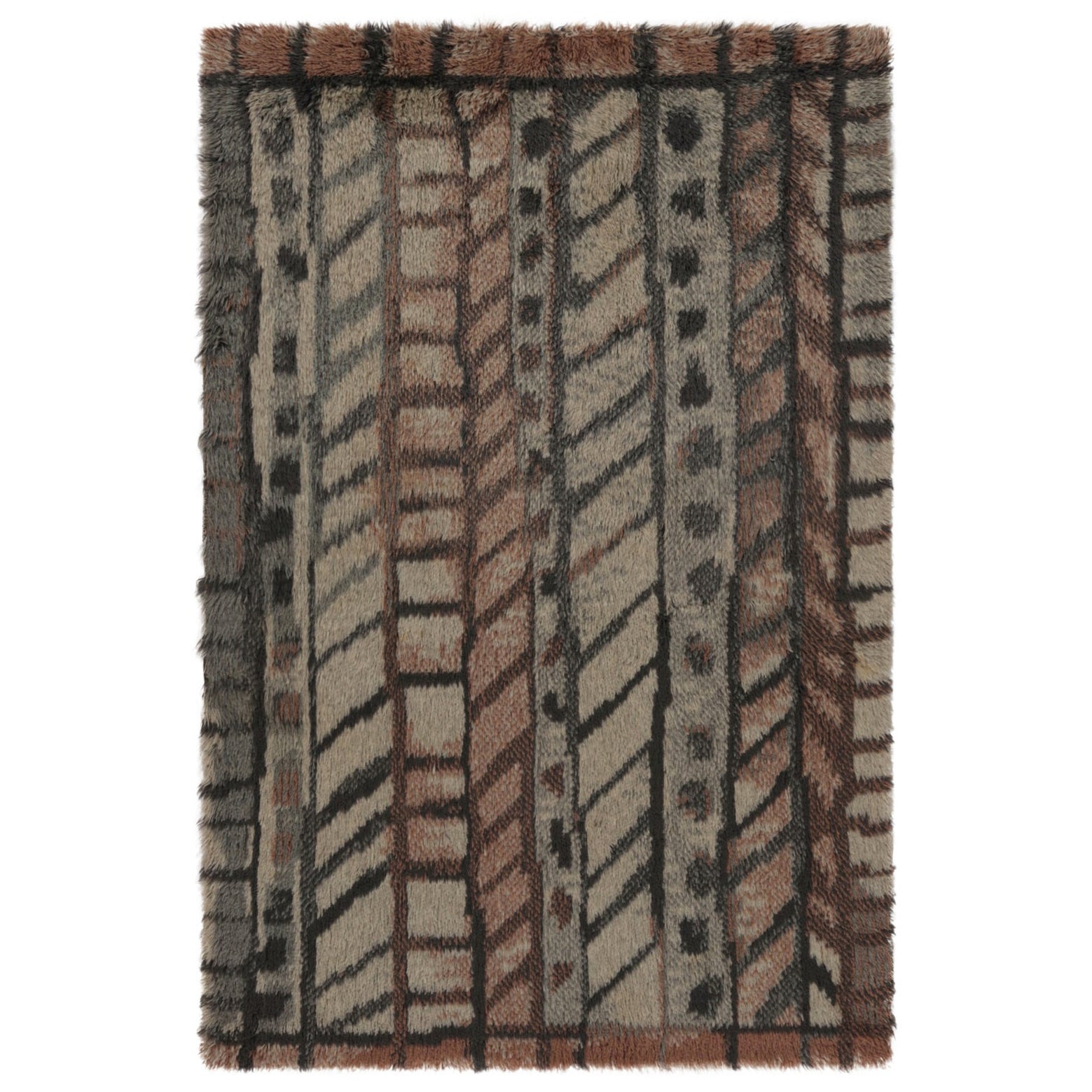 Vintage Swedish Rya Rug, Scandinavian Geometric Patterns in Gray - Rug & Kilim