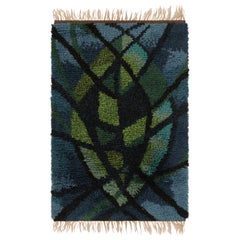 Vintage Swedish Rya Rug, skandinavische Geometrie in Blau und Grün - Rug & Kilim