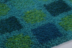 Vintage Swedish Rya Rug, Teal with Color-Block Checkerboard - Rug & Kilim
