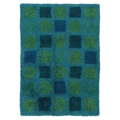 Retro Swedish Rya Rug, Teal with Color-Block Checkerboard - Rug & Kilim