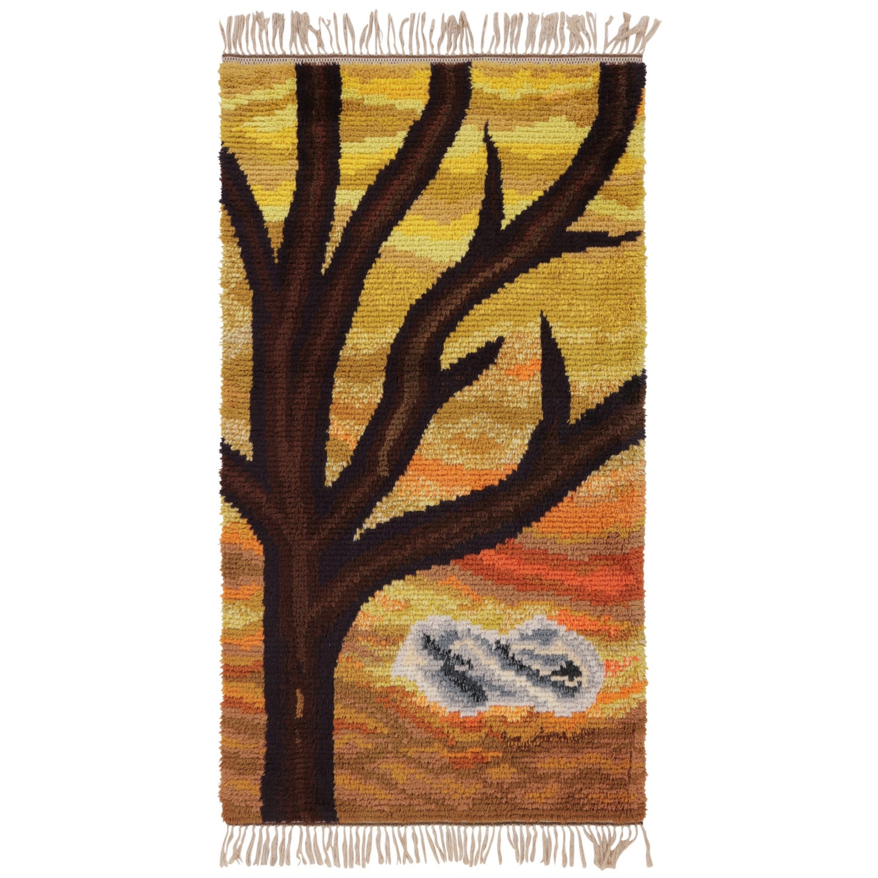 Tappeto Rya svedese vintage, albero e paesaggio nella tavolozza del tramonto - Rug 
Kilim