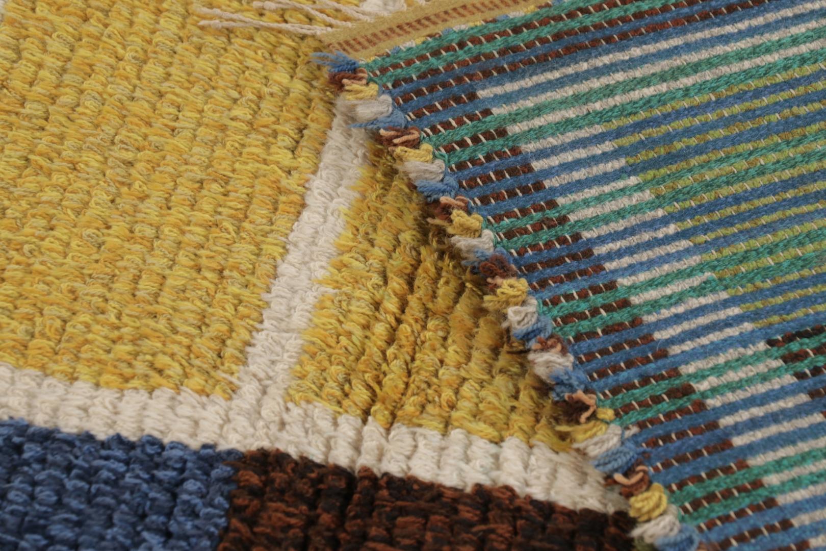Vintage Swedish Rya Rug, lebendiges skandinavisches geometrisches Muster - Rug & Kilim (Handgeknüpft) im Angebot