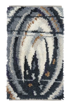 Vintage Swedish Rya Rug White, Gray and Blue Geometric Pattern - Rug & Kilim
