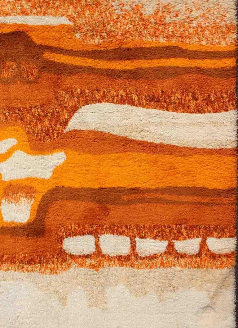 Vintage Swedish Rya Rug with Modern Design in Burnt Orange, Cream and