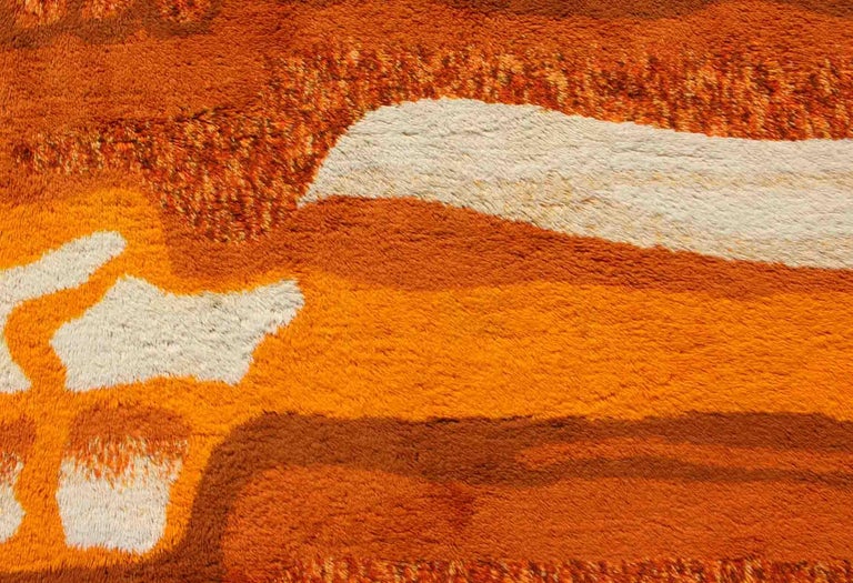 Vintage Swedish Rya Rug with Modern Design in Burnt Orange, Cream and
