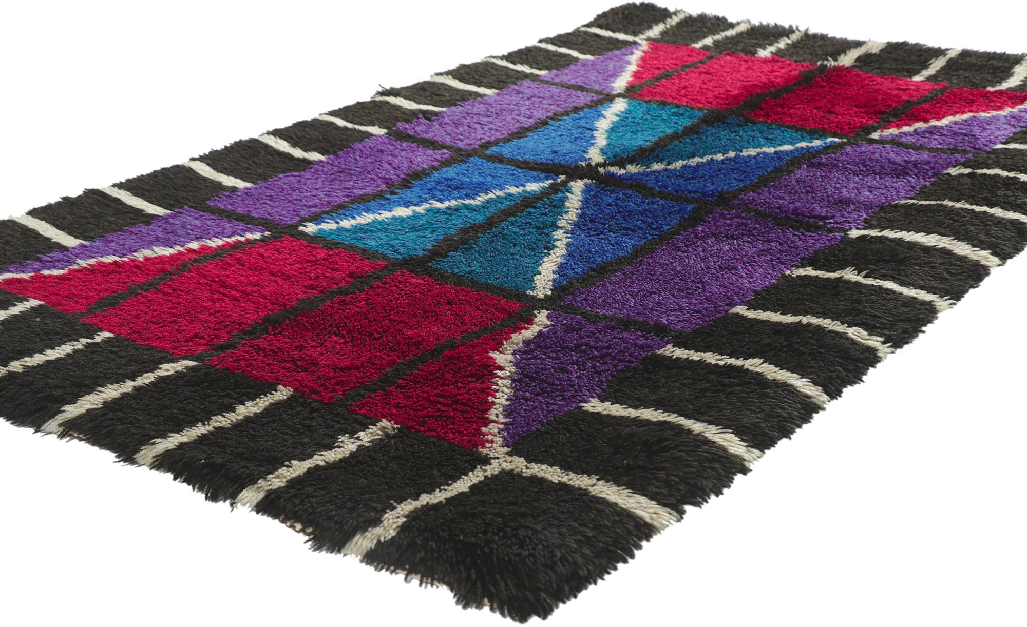 78275 Vintage Swedish Rya rug with Abstract Expressionist Style 03'02 x 05'00. Full of tiny details and a bold expressive design combined with abstract Expressionist style, this hand-knotted wool vintage Swedish Ryijy Rya rug is a captivating vision