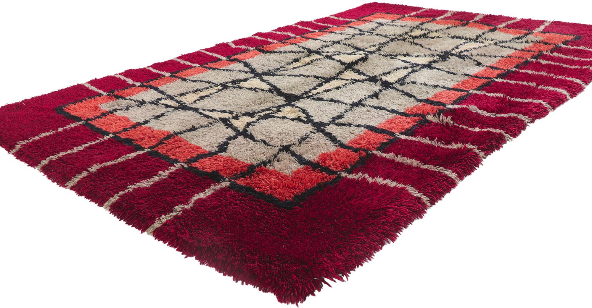 78278 Vintage Swedish Rya rug with Scandinavian Modern style 04'04 x 06'10. Full of tiny details and a bold expressive design combined with folk art tribal style, this hand-knotted wool vintage Swedish Ryijy Rya rug is a captivating vision of woven