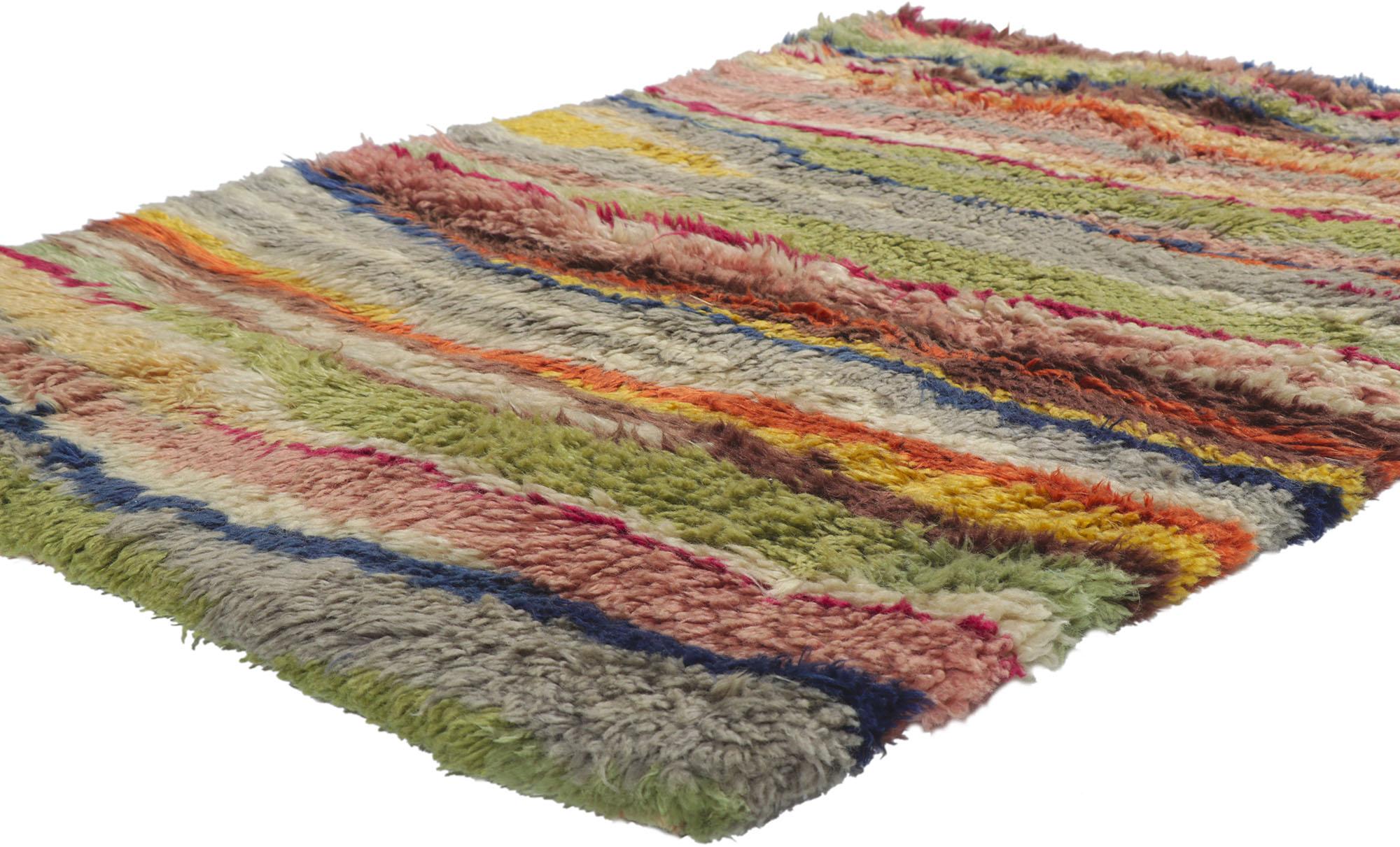 78165 Vintage Swedish Rya Stripe Overlay Rug with Abstract Expressionist Style 03'08 x 04'11. Full of tiny details and a bold expressive design combined with abstract expressionist style, this hand-knotted wool vintage Swedish Ryijy Rya rug is a