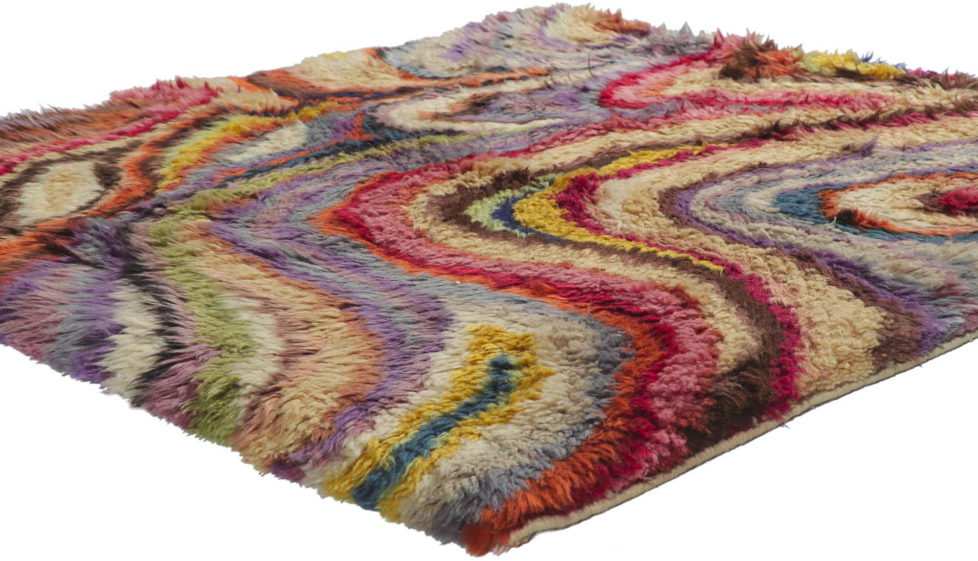 78167 Vintage Swedish Rya swirl rug with Abstract Expressionist Style 04'04 x 04'07. Full of tiny details and a bold expressive design combined with abstract expressionist style, this hand-knotted wool vintage Swedish Ryijy Rya rug is a captivating