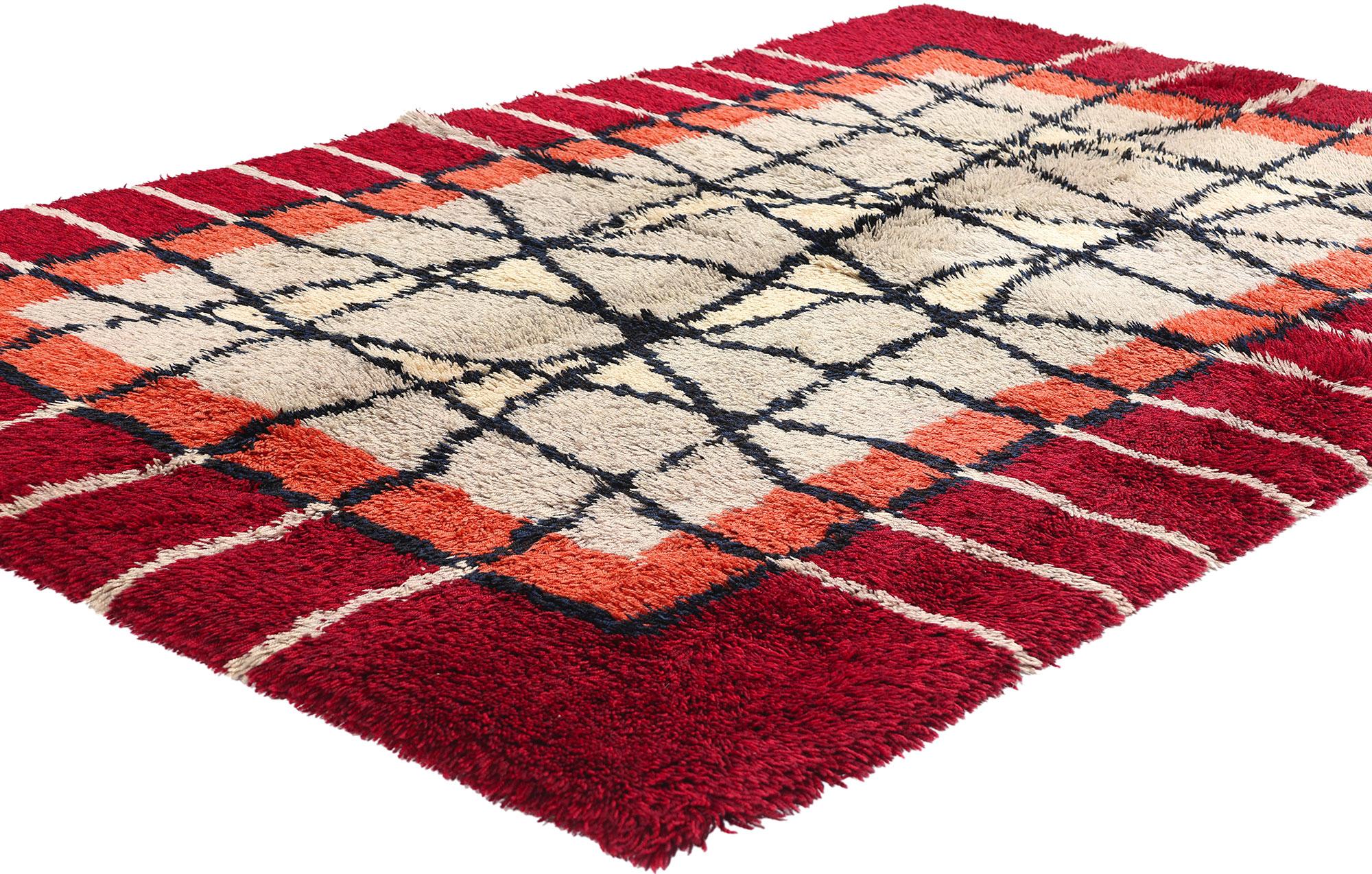 78278 Ulla Kronlof Vintage Swedish Rya Rug, 04'04 x 06'10. Scandinavian Swedish rya rugs designed by Ulla Kronlof are renowned for their long-pile texture and intricate designs. Kronlof’s work blends modern art and traditional Scandinavian patterns,