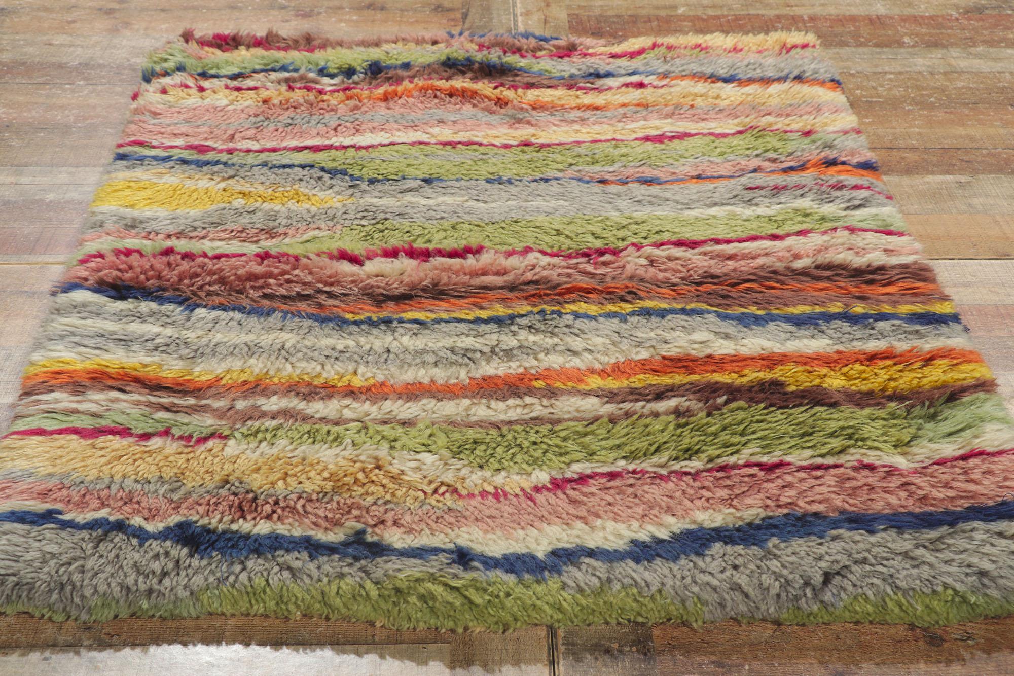 Hand-Knotted Vintage Swedish Rya Stripe Overlay Rug with Abstract Expressionist Style For Sale