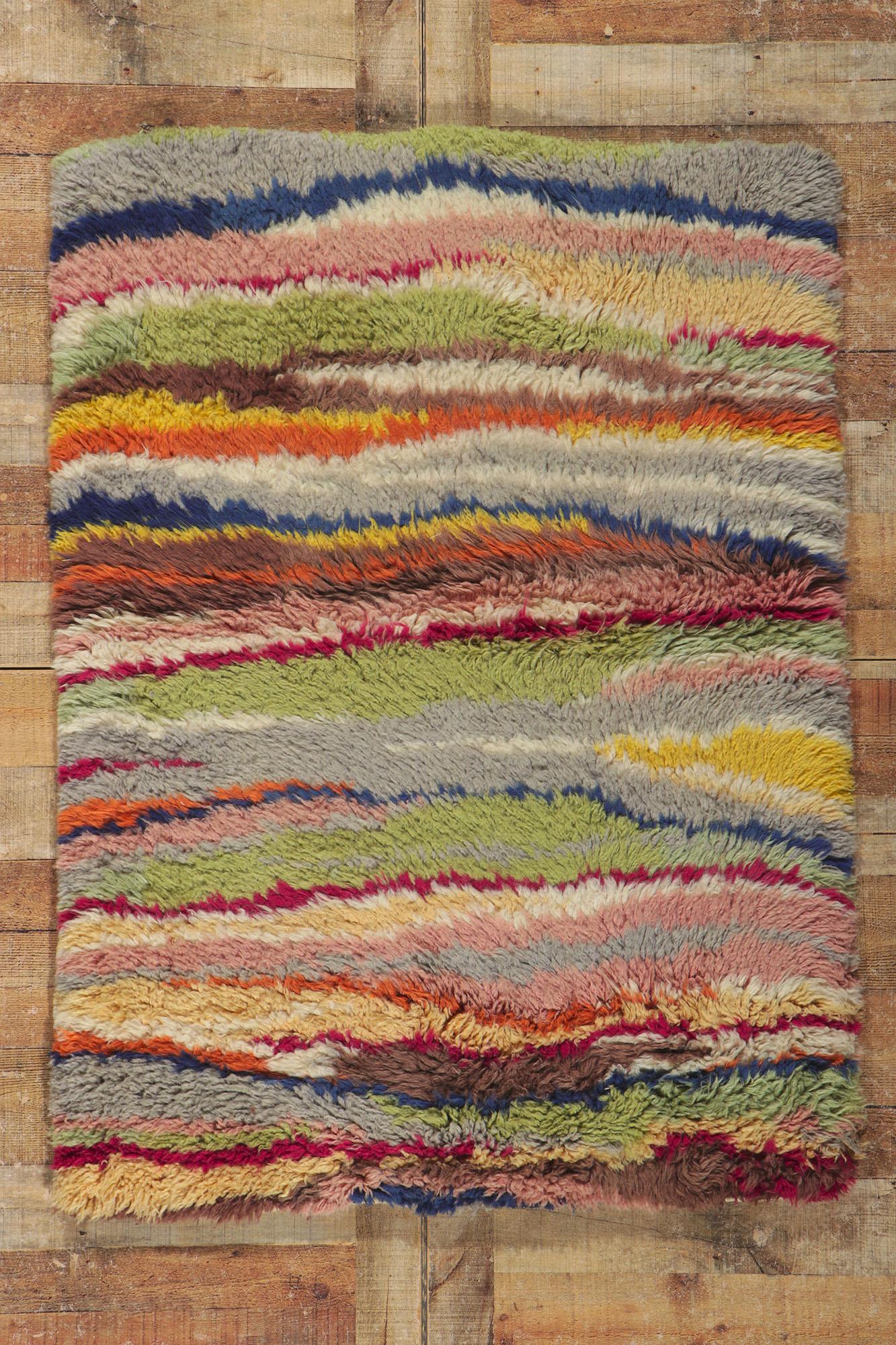 Vintage Swedish Rya Stripe Overlay Rug with Abstract Expressionist Style For Sale 1