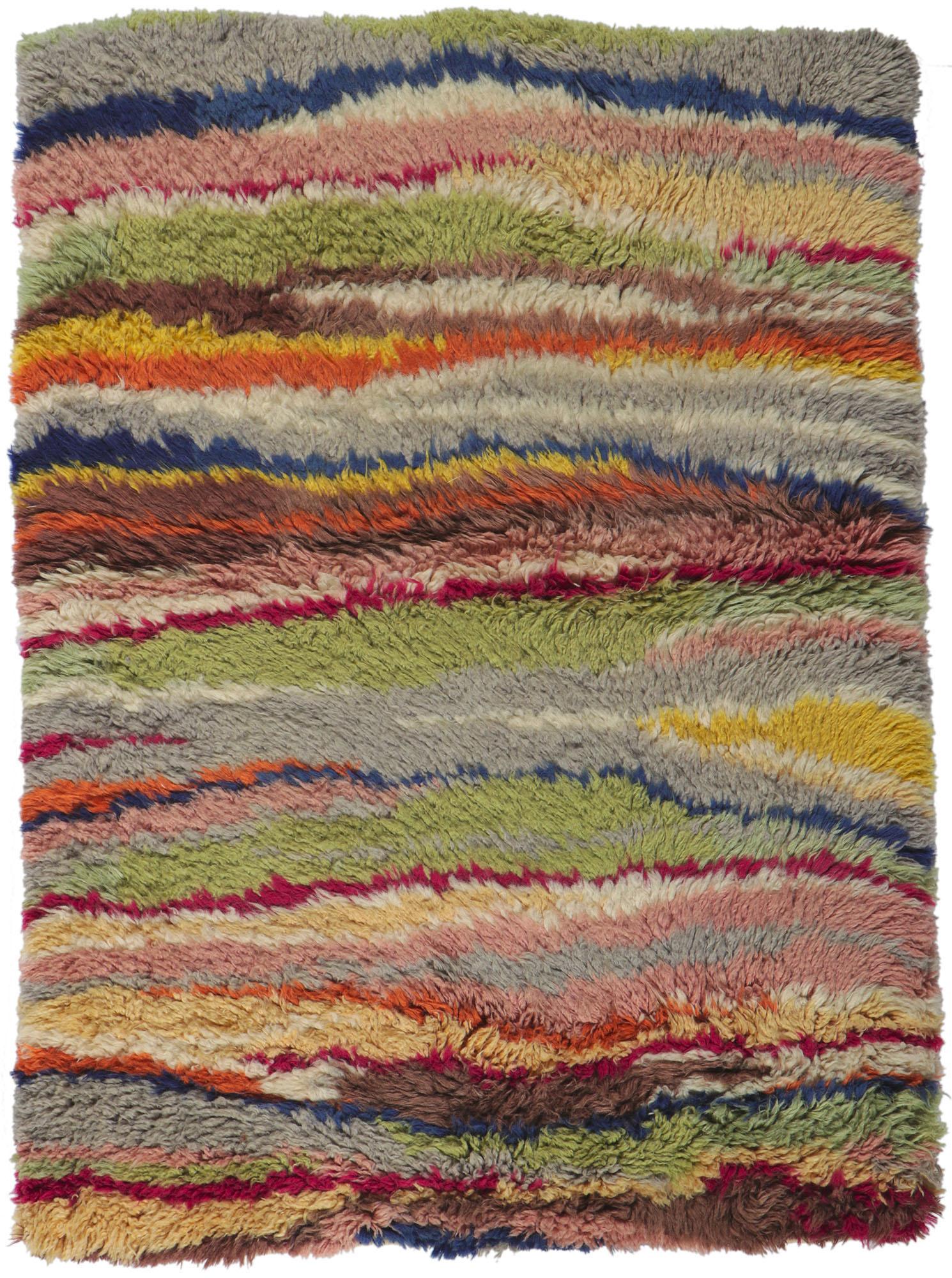 Vintage Swedish Rya Stripe Overlay Rug with Abstract Expressionist Style For Sale 2