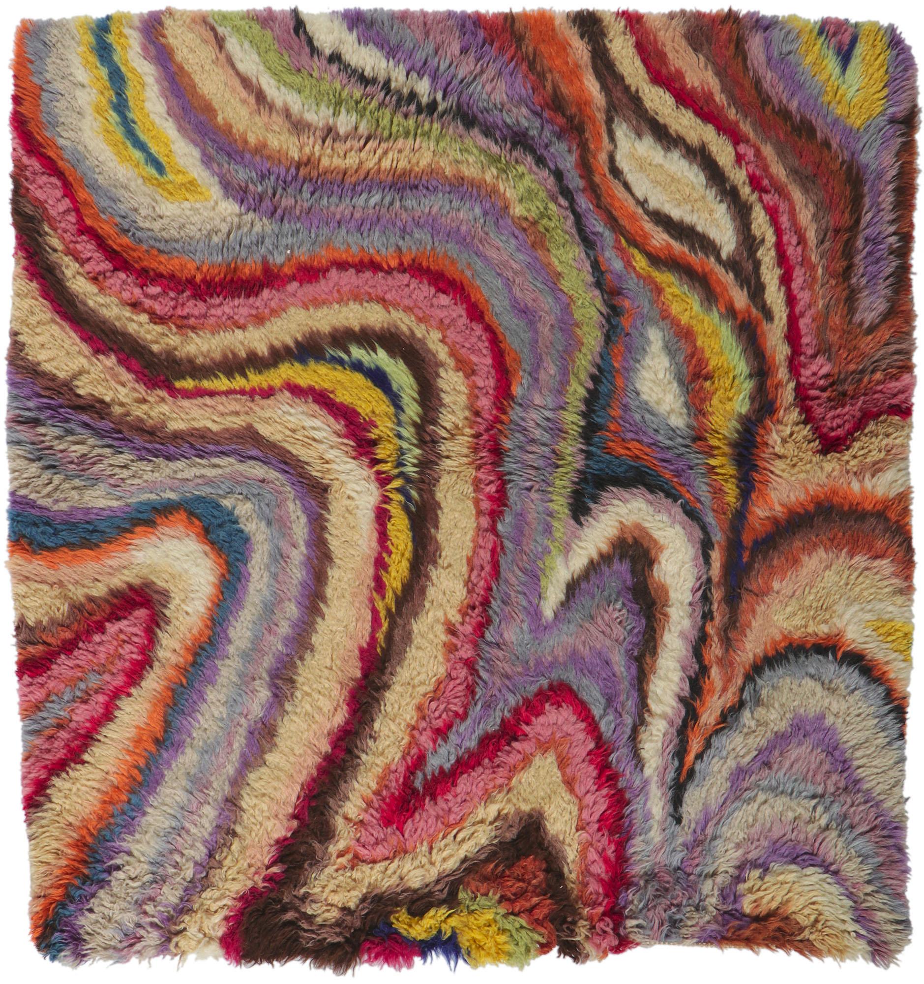 Wool Vintage Swedish Rya Swirl Rug with Abstract Expressionist Style For Sale