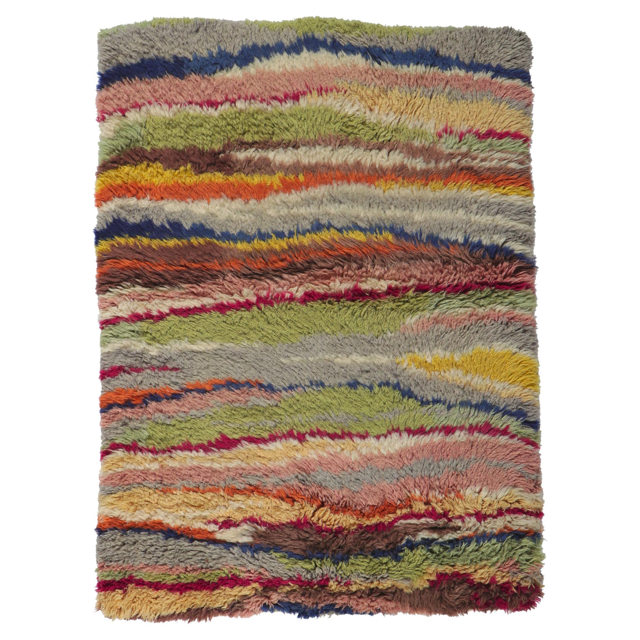 Vintage Swedish Rya Stripe Overlay Rug with Abstract Expressionist Style For Sale