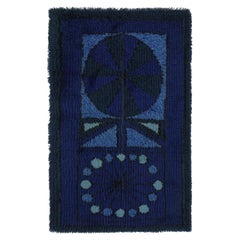 Vintage Swedish Rya Rug with Blue and Charcoal Geometric Pattern - Rug & Kilim