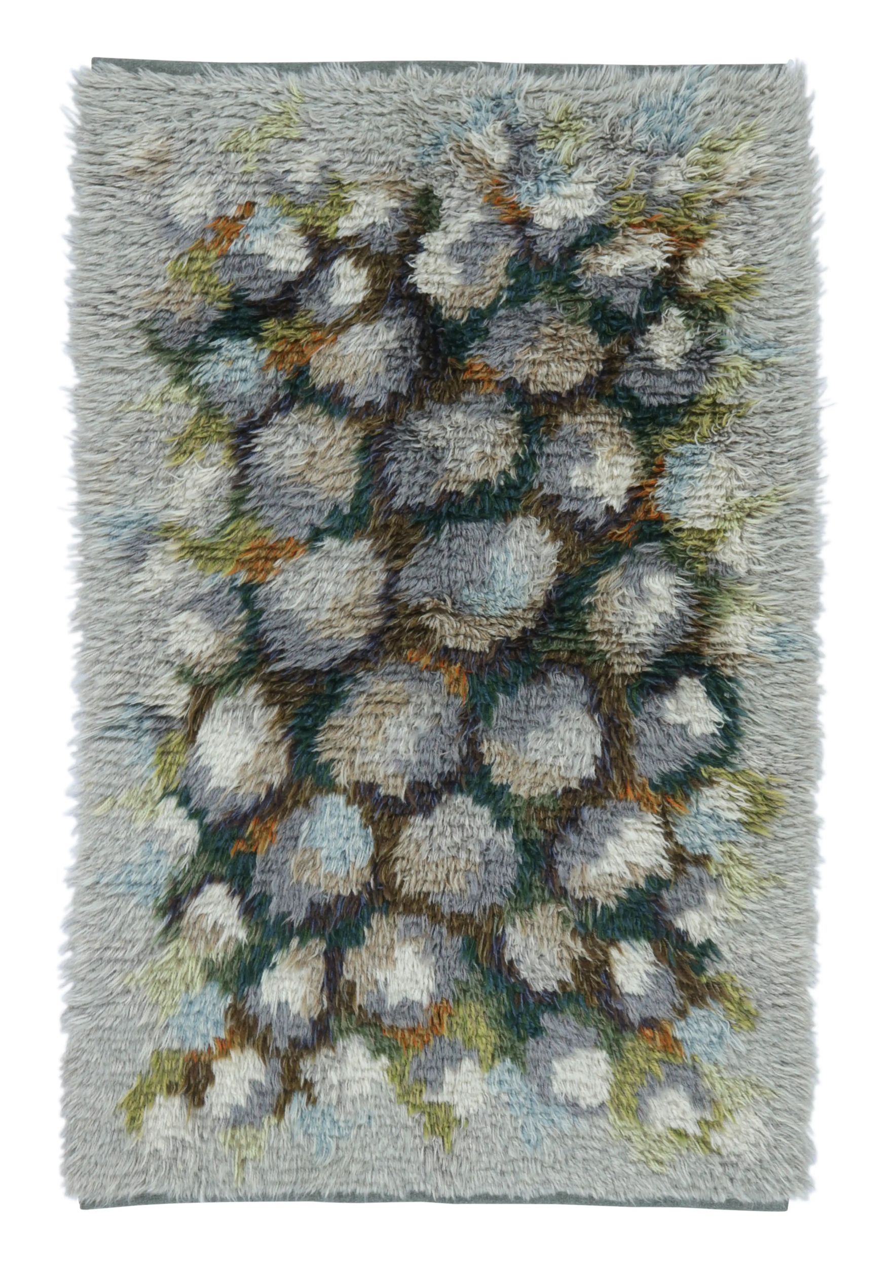 Vintage Swedish Rya Rug with Blue, Green & White Geometric Pattern - Rug & Kilim