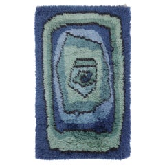 Vintage Swedish Rya Rug with Blue-Teal Concentric Geometric Pattern-Rug & Kilim
