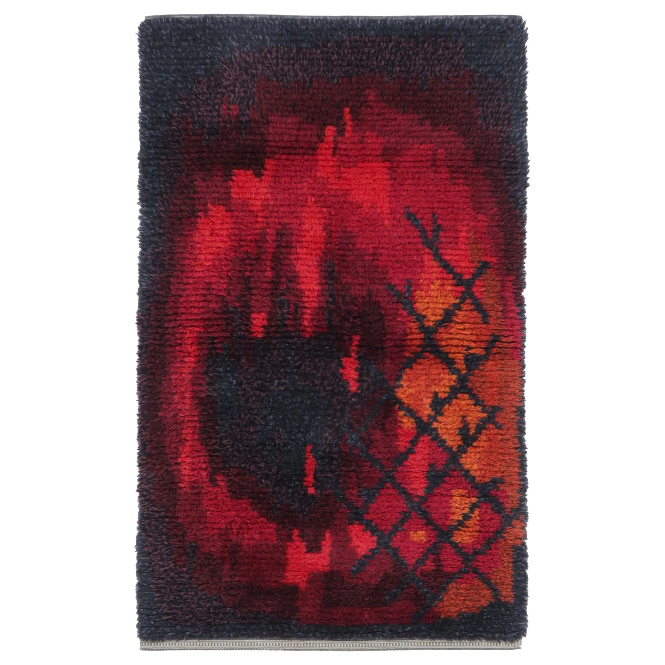 Vintage Swedish Rya Rug with Crimson and Orange Abstract Pattern - Rug & Kilim