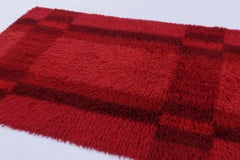 Vintage Swedish Rya Rug with Crimson Red Geometric Grid - Rug & Kilim