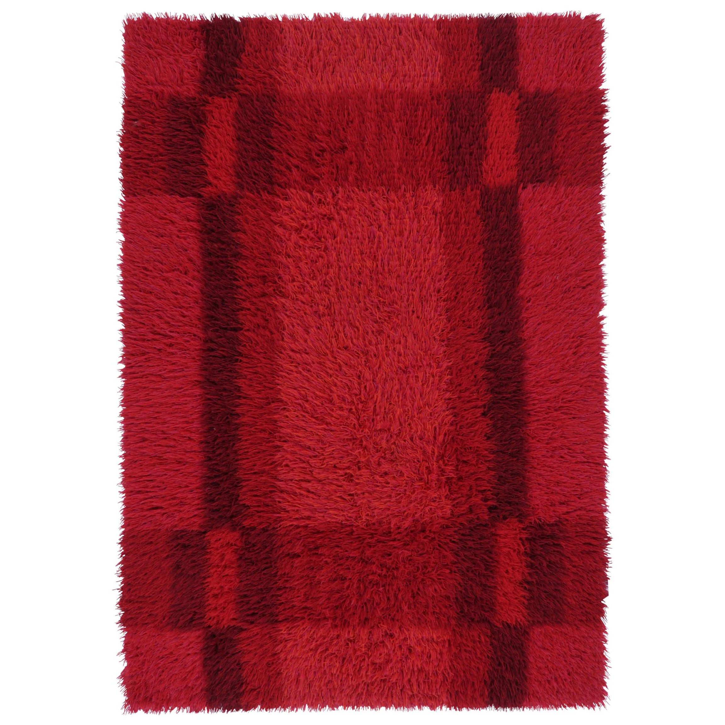 Vintage Swedish Rya Rug with Crimson Red Geometric Grid - Rug & Kilim