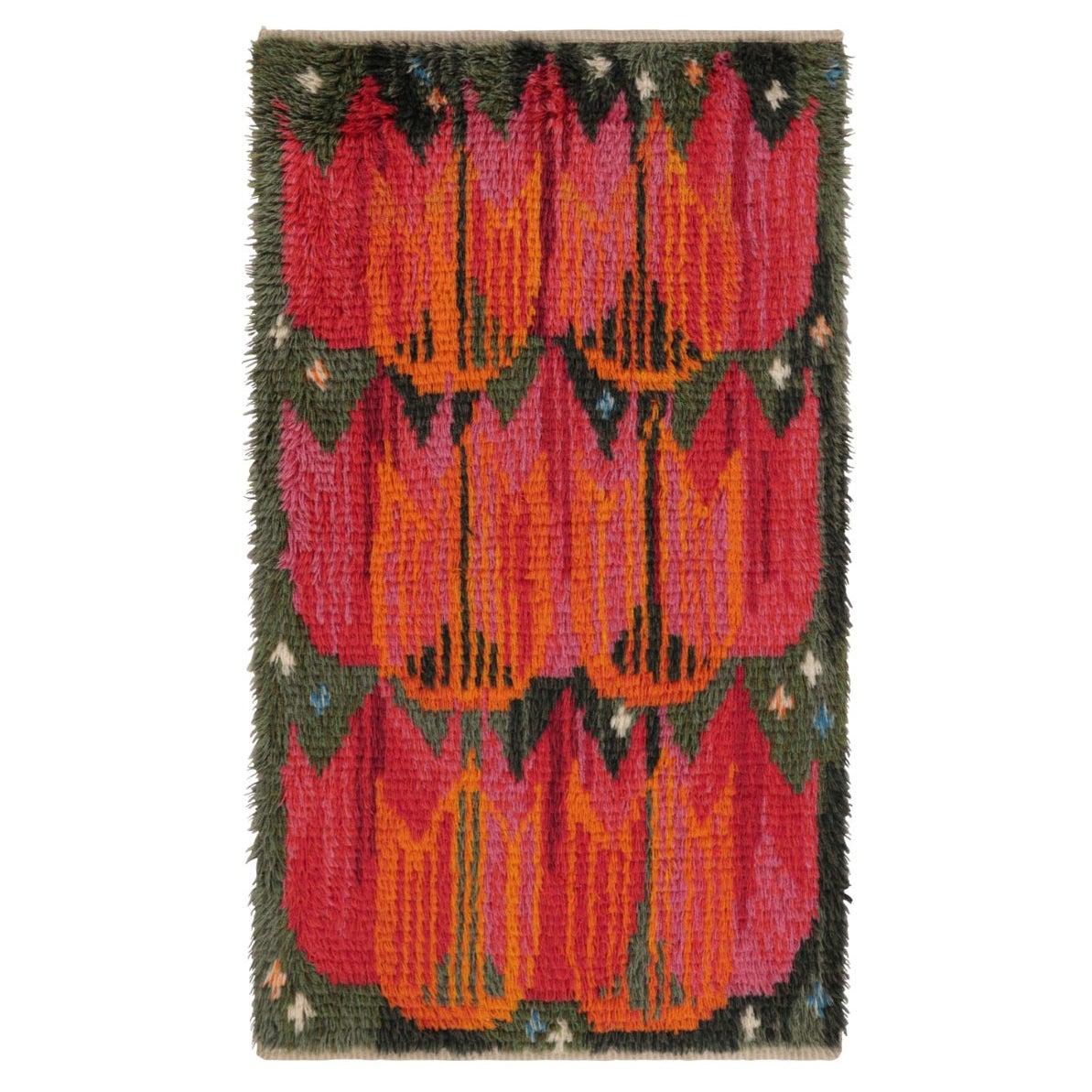 Schwedischer Vintage-Rya-Teppich mit feuerroten skandinavischen Blumenmotiven - Rug 
Kilim im Angebot