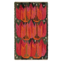 Tappeto Rya svedese vintage con motivi floreali scandinavi rosso fuoco - Rug 
Kilim