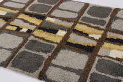 Vintage Swedish Rya Rug with Gray and Brown Geometric Grid - Rug & Kilim
