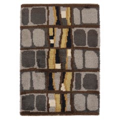 Vintage Swedish Rya Rug with Gray and Brown Geometric Grid - Rug & Kilim