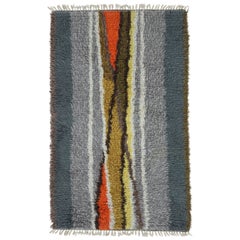 Vintage Swedish Rya Rug with Gray and Orange Vertical Geometry - Rug & Kilim