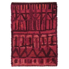 Vintage Swedish Rya Rug with Magenta Spires and Red Geometry - Rug & Kilim