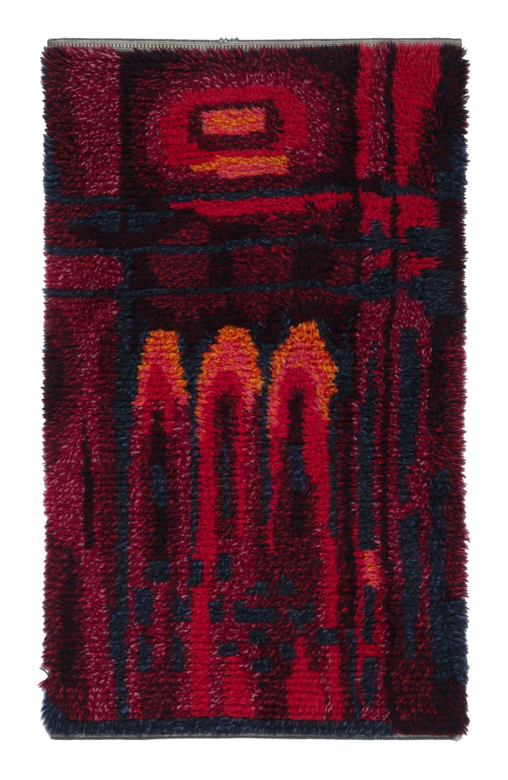 Vintage Swedish Rya Rug with Red and Blue Geometric Pattern - Rug & Kilim For Sale