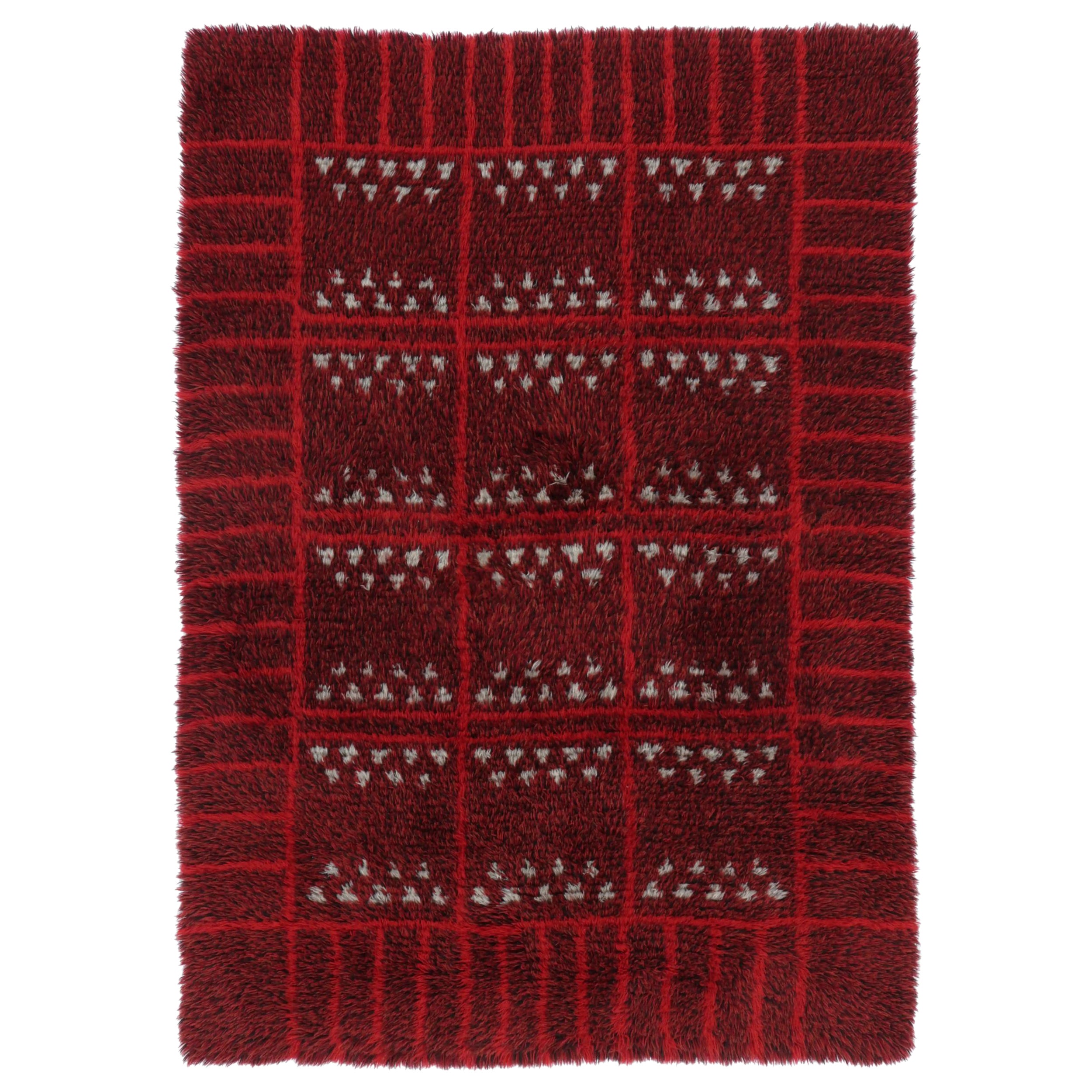 Vintage Swedish Rya Rug with Red Geometry and Ivory Accents - Rug & Kilim