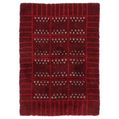 Vintage Swedish Rya Rug with Red Geometry and Ivory Accents - Rug & Kilim