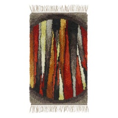Vintage Swedish Rya Rug with Red-Orange Vertical Geometric Stripes - Rug & Kilim