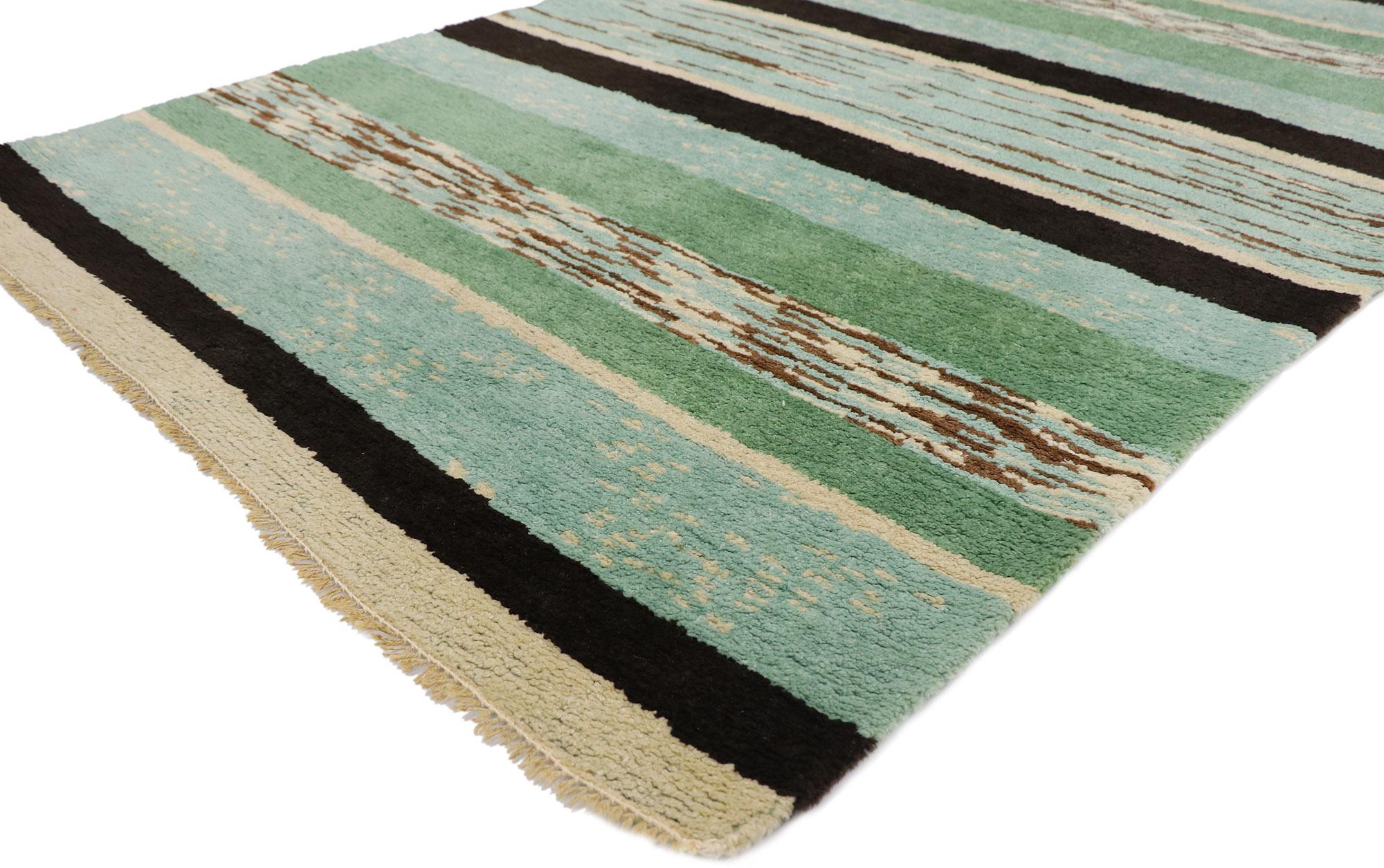 78109 vintage Swedish Rya rug with stripes 04'07 x 06'09. This hand-knotted wool vintage Swedish rya rug features a variety of stripes composed of both wide and narrow bands spread across the abrashed field. The overall design aesthetic is simple