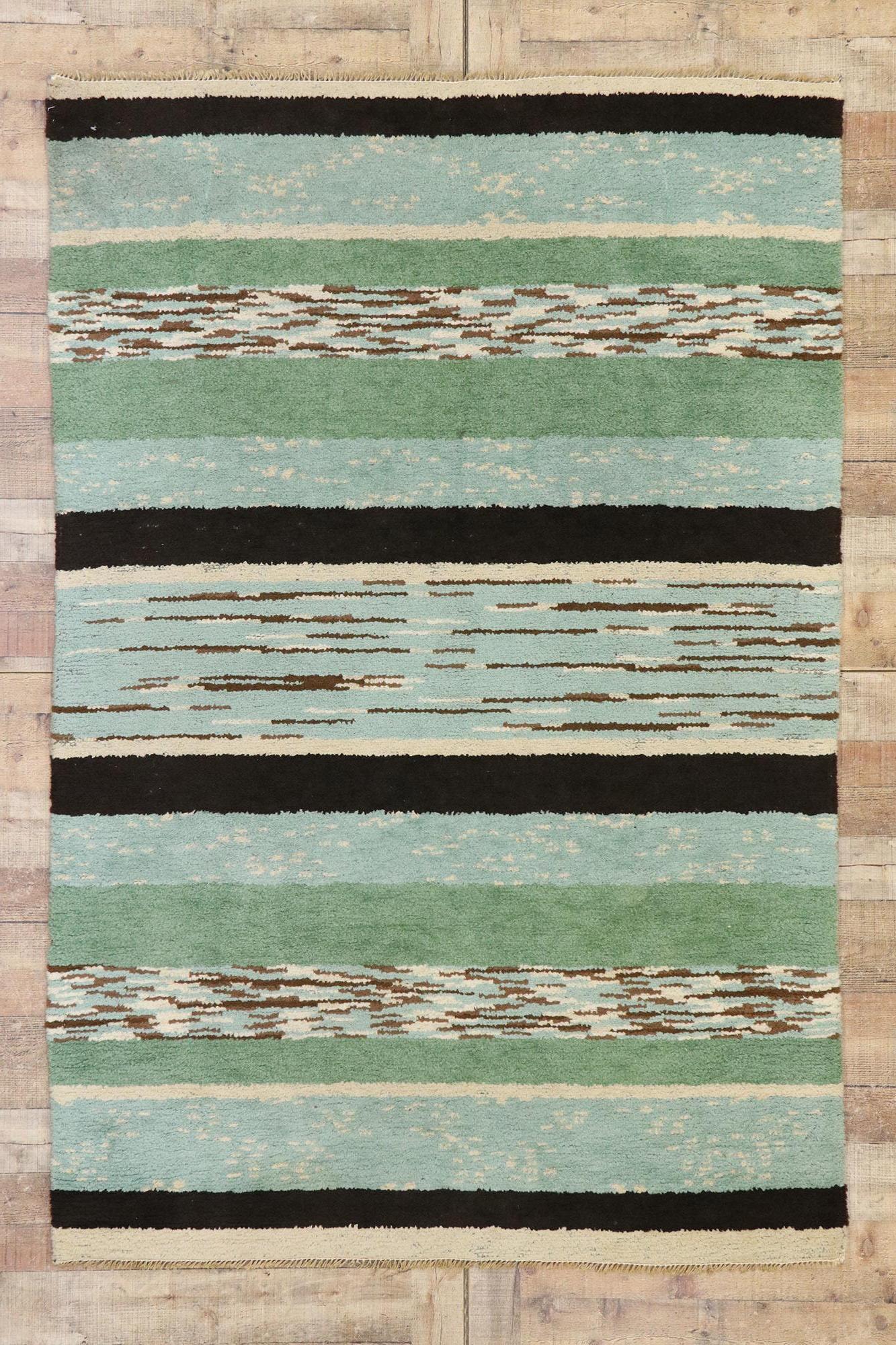 Vintage Swedish Rya Rug with Stripes In Good Condition For Sale In Dallas, TX