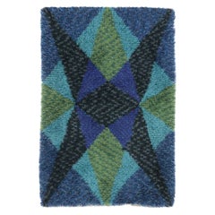 Vintage Swedish Rya Rug with Teal and Blue Geometric Pattern - Rug & Kilim
