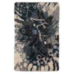 Vintage Swedish Rya Rug with Teal and Cream Abstract Pattern - Rug & Kilim