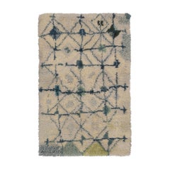 Vintage Swedish Rya Rug with Teal Geometric Lattice on Beige Field - Rug & Kilim