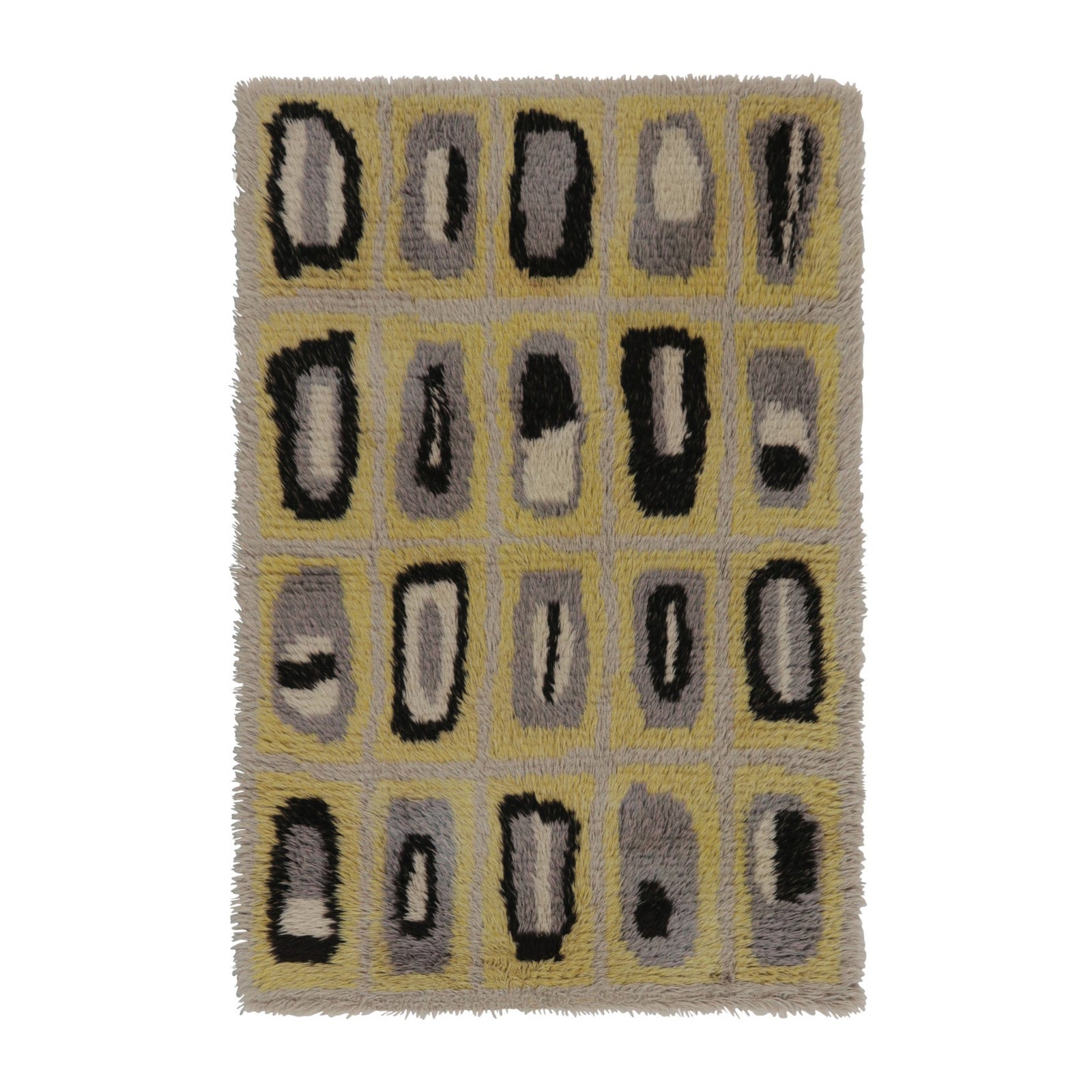 Tappeto vintage svedese Rya, giallo con geometria scandinava grigia - Rug 
Kilim