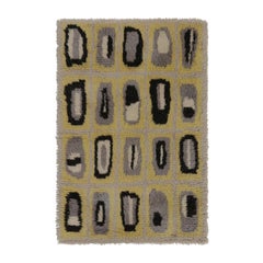 Tapis suédois vintage Rya, jaune avec géométrie scandinave grise - Rug & Kilim