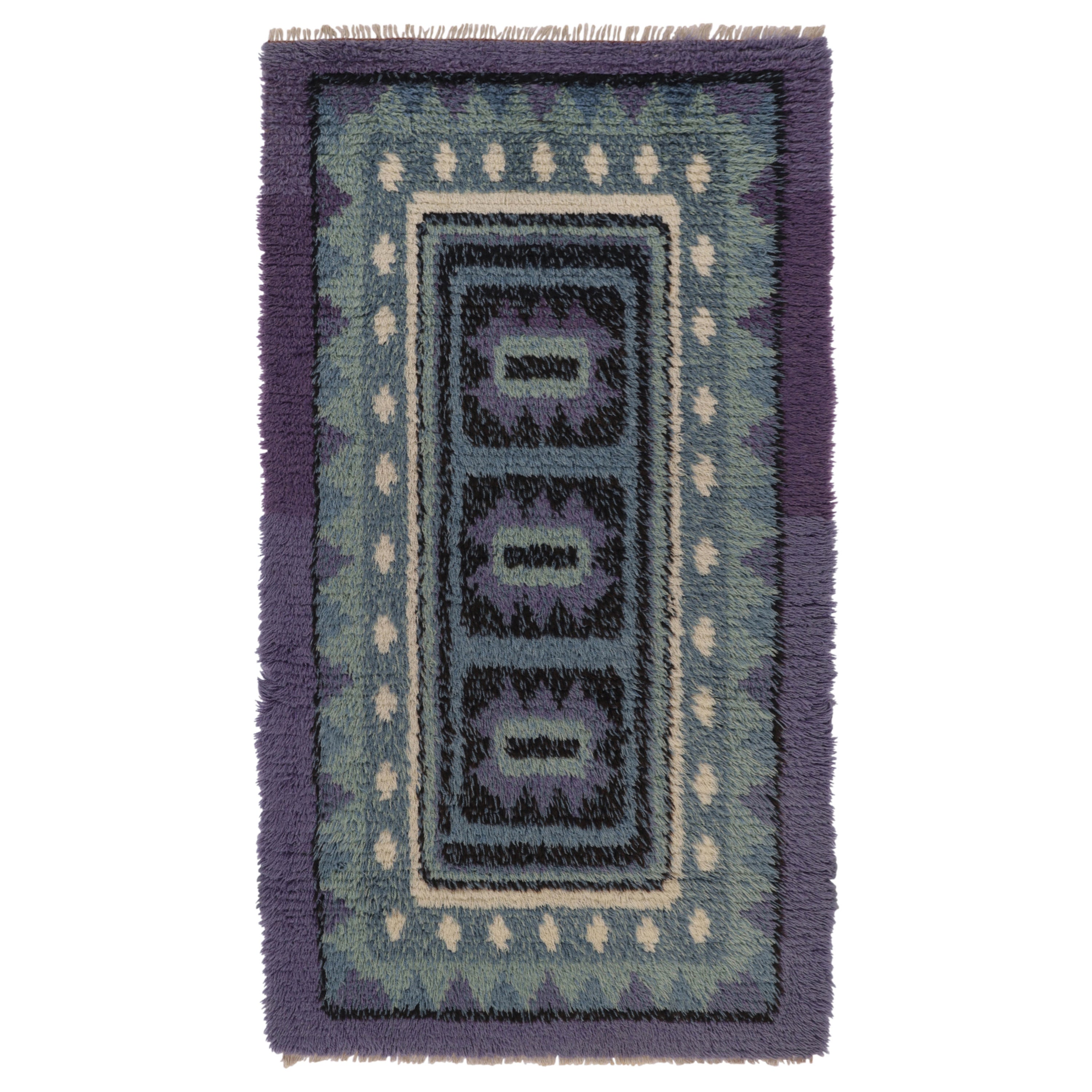 Runner svedese vintage Rya, blu con medaglioni scandinavi - Rug 
Kilim in vendita