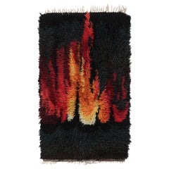 Vintage Swedish Rya Runner, Colorful Scandinavian Flame Patterns - Rug & Kilim